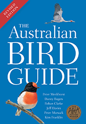 Cover of 'The Australian Bird Guide' featuring a brolga flying over the white title with a red-capped robin in the foreground perched on a branch. The