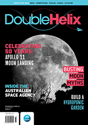 Cover of Double Helix magazine Issue 33 featuring an image of the moon rising above a treeline.