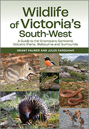 Cover of 'Wildlife of Victoria's South-West', featuring photos of an echidna, bandicoot, frog, snake, robin and brolgas.