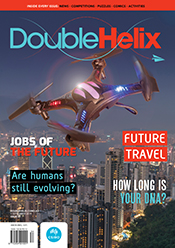 Cover of Double Helix magazine Issue 34 showing a large quadcopter flying above a city.