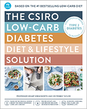 Cover of The CSIRO Low-Carb Diabetes Diet & Lifestyle Solution featuring bold title font and pictures of food and exercise.