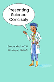 Cover of 'Presenting Science Concisely', featuring an illustration of a short-haired person in a labcoat with a speech bubble containing the title, up