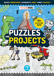 Cover of 'Puzzles and Projects' featuring cartoony illustrations including a dinosaur, a robot, a volcano and people.