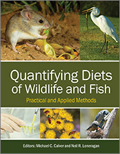 Cover of 'Quantifying Diets of Wildlife and Fish', featuring photos of a mouse, an egret, lab work, jewel beetles on flowers and woodswallows.