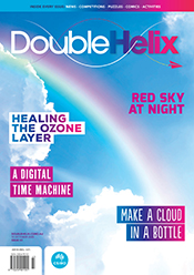 Cover of Double Helix magazine Issue 43, featuring a rainbow across a blue