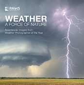 Cover of the book Weather, featuring a photo of a large, circular storm cloud above a yellow field, with a lightning strike hitting the ground.