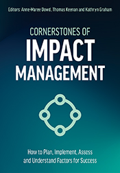 Cover of 'Cornerstones of Impact Management', featuring a conceptual graphic of the four cornerstones of impact.