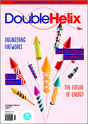 Cover of 'Double Helix' magazine issue 64, featuring a spray of brightly patterned fireworks rockets.