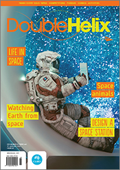 Cover of 'Double Helix' magazine issue 69 showing an astronaut in a space suit on a space station, reading a book with a brillant view of the stars.