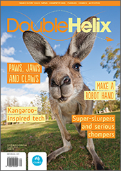 Cover of 'Double Helix' magazine issue 79, showing a kangaroo in a park setting, bending over to peer curiously at the camera.