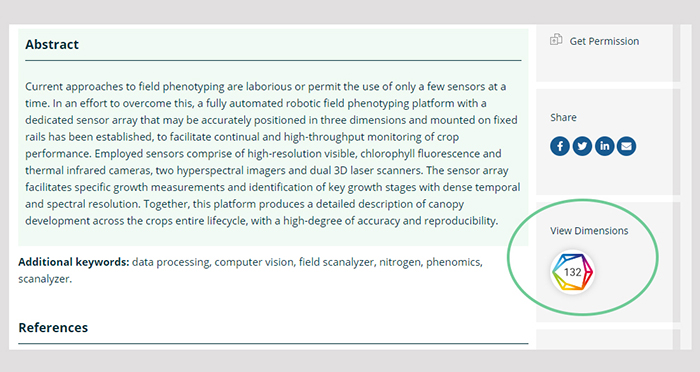 partial screenshot of an online research article with a brightly coloured Dimensions widget, which is circled for emphasis