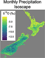 Representative monthly precipitation isoscape for New Zealand (δ18O for October 2023 shown).