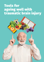 A white-haired, aged man pointing happily at an array of items above his head, which represent a healthy life.
