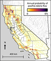 Map of California showing the annual probability of fire followed by rainfall which exceeds the modeled postfire debris-flow threshold.