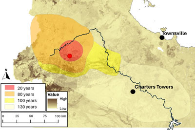 Map of chital deer spread in North Queensland over a map of soil phosphorus content with the Burdekin River highlighted.