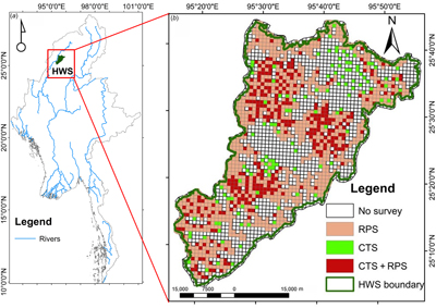 Map depicting location of Myanmar’s Htamanthi Wildlife Sanctuary and surveyed areas and methods.